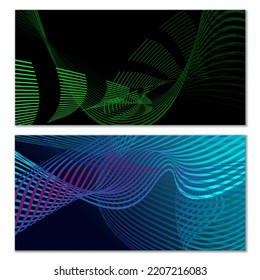 Wavy lines or ribbons. Set of 2 covers. Multicolored striped. Creative unusual background with abstract wave lines for creating a trendy banner, poster. vector eps