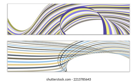 Wavy lines or ribbons. Set of 2 covers. Multicolored striped. Creative unusual background with abstract wave lines for creating a trendy banner, poster. vector eps