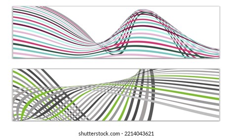 Wavy lines or ribbons. Set of 2 covers. Multicolored striped. Creative unusual background with abstract wave lines for creating a trendy banner, poster. vector eps