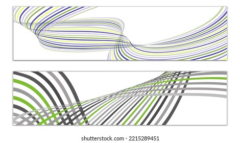 Wavy lines or ribbons. Set of 2 covers. Multicolored striped. Creative unusual background with abstract wave lines for creating a trendy banner, poster. vector eps