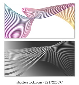 Wavy lines or ribbons. Set of 2 covers. Multicolored striped. Creative unusual background with abstract wave lines for creating a trendy banner, poster. vector eps