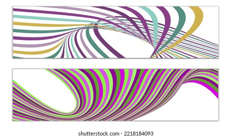 Wavy lines or ribbons. Set of 2 covers. Multicolored striped. Creative unusual background with abstract wave lines for creating a trendy banner, poster. vector eps