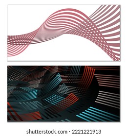 Wavy lines or ribbons. Set of 2 covers. Multicolored striped. Creative unusual background with abstract wave lines for creating a trendy banner, poster. vector eps