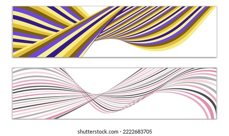 Wavy lines or ribbons. Set of 2 covers. Multicolored striped. Creative unusual background with abstract wave lines for creating a trendy banner, poster. vector eps