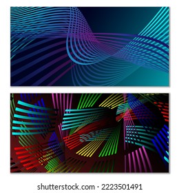 Wavy lines or ribbons. Set of 2 covers. Multicolored striped. Creative unusual background with abstract wave lines for creating a trendy banner, poster. vector eps