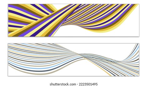 Wavy lines or ribbons. Set of 2 covers. Multicolored striped. Creative unusual background with abstract wave lines for creating a trendy banner, poster. vector eps