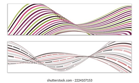 Wavy lines or ribbons. Set of 2 covers. Multicolored striped. Creative unusual background with abstract wave lines for creating a trendy banner, poster. vector eps