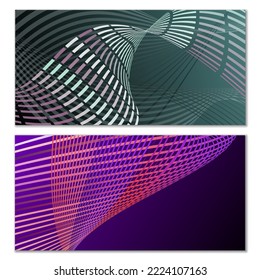 Wavy lines or ribbons. Set of 2 covers. Multicolored striped. Creative unusual background with abstract wave lines for creating a trendy banner, poster. vector eps