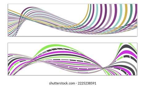 Wavy lines or ribbons. Set of 2 covers. Multicolored striped. Creative unusual background with abstract wave lines for creating a trendy banner, poster. vector eps