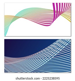 Wavy lines or ribbons. Set of 2 covers. Multicolored striped. Creative unusual background with abstract wave lines for creating a trendy banner, poster. vector eps