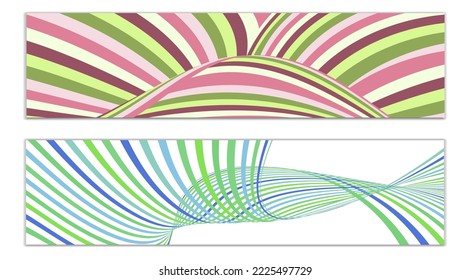 Wavy lines or ribbons. Set of 2 covers. Multicolored striped. Creative unusual background with abstract wave lines for creating a trendy banner, poster. vector eps
