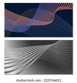 Wavy lines or ribbons. Set of 2 covers. Multicolored striped. Creative unusual background with abstract wave lines for creating a trendy banner, poster. vector eps