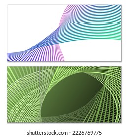 Flüchtige Linien oder Bänder. Satz von 2 Covern. mehrfarbiger Streifen. Kreativer, ungewöhnlicher Hintergrund mit abstrakten Wellenlinien zum Erstellen eines trendigen Banners, Poster. Vektorpfäge