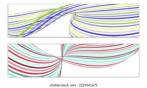 Wavy lines or ribbons. Set of 2 covers. Multicolored striped. Creative unusual background with abstract wave lines for creating a trendy banner, poster. vector eps