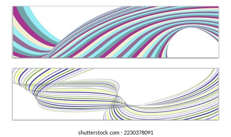Líneas onduladas o cintas. Conjunto de 2 cubiertas. Tira multicolor. Creativo fondo inusual con líneas de onda abstractas para crear un cartel de moda, afiche. vectores