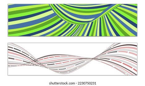 Wavy lines or ribbons. Set of 2 covers. Multicolored striped. Creative unusual background with abstract wave lines for creating a trendy banner, poster. vector eps