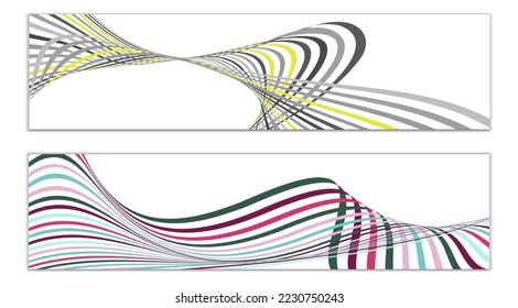 Wavy lines or ribbons. Set of 2 covers. Multicolored striped. Creative unusual background with abstract wave lines for creating a trendy banner, poster. vector eps
