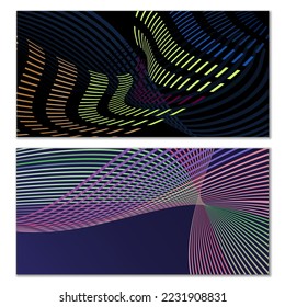 Wavy lines or ribbons. Set of 2 covers. Multicolored striped. Creative unusual background with abstract wave lines for creating a trendy banner, poster. vector eps