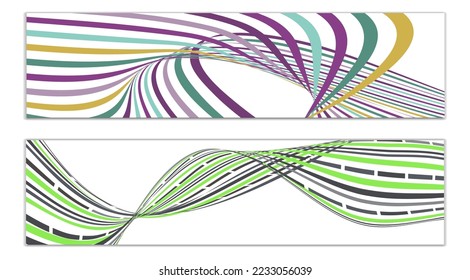 Wavy lines or ribbons. Set of 2 covers. Multicolored striped. Creative unusual background with abstract wave lines for creating a trendy banner, poster. vector eps