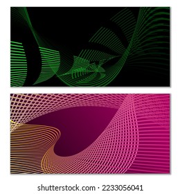 Líneas onduladas o cintas. Conjunto de 2 cubiertas. Tira multicolor. Creativo fondo inusual con líneas de onda abstractas para crear un cartel de moda, afiche. vectores