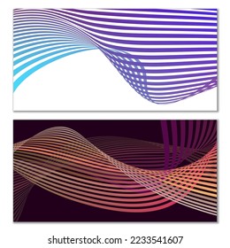 Wavy lines or ribbons. Set of 2 covers. Multicolored striped. Creative unusual background with abstract wave lines for creating a trendy banner, poster. vector eps