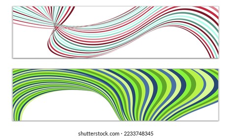 Líneas onduladas o cintas. Conjunto de 2 cubiertas. Tira multicolor. Creativo fondo inusual con líneas de onda abstractas para crear un cartel de moda, afiche. vectores