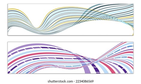 Wavy lines or ribbons. Set of 2 covers. Multicolored striped. Creative unusual background with abstract wave lines for creating a trendy banner, poster. vector eps