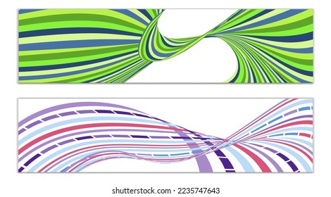 Líneas onduladas o cintas. Conjunto de 2 cubiertas. Tira multicolor. Creativo fondo inusual con líneas de onda abstractas para crear un cartel de moda, afiche. vectores
