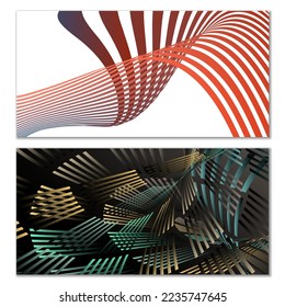 Wavy lines or ribbons. Set of 2 covers. Multicolored striped. Creative unusual background with abstract wave lines for creating a trendy banner, poster. vector eps