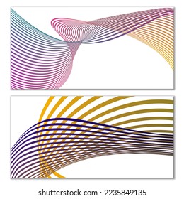 Flüchtige Linien oder Bänder. Satz von 2 Covern. mehrfarbiger Streifen. Kreativer, ungewöhnlicher Hintergrund mit abstrakten Wellenlinien zum Erstellen eines trendigen Banners, Poster. Vektorpfäge