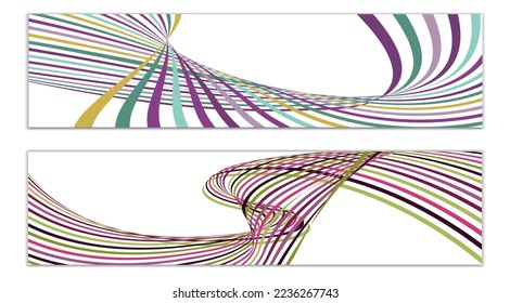 Wavy lines or ribbons. Set of 2 covers. Multicolored striped. Creative unusual background with abstract wave lines for creating a trendy banner, poster. vector eps