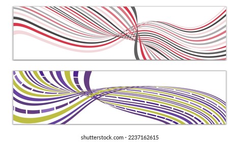 Wavy lines or ribbons. Set of 2 covers. Multicolored striped. Creative unusual background with abstract wave lines for creating a trendy banner, poster. vector eps