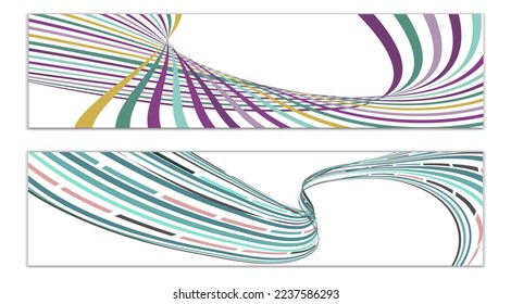 Wavy lines or ribbons. Set of 2 covers. Multicolored striped. Creative unusual background with abstract wave lines for creating a trendy banner, poster. vector eps