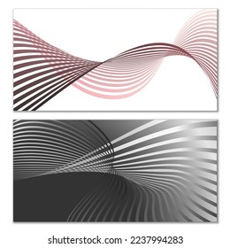 Wavy lines or ribbons. Set of 2 covers. Multicolored striped. Creative unusual background with abstract wave lines for creating a trendy banner, poster. vector eps