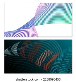 Líneas onduladas o cintas. Conjunto de 2 cubiertas. Tira multicolor. Creativo fondo inusual con líneas de onda abstractas para crear un cartel de moda, afiche. vectores