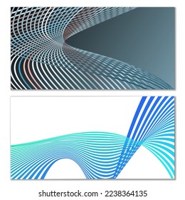 Wavy lines or ribbons. Set of 2 covers. Multicolored striped. Creative unusual background with abstract wave lines for creating a trendy banner, poster. vector eps