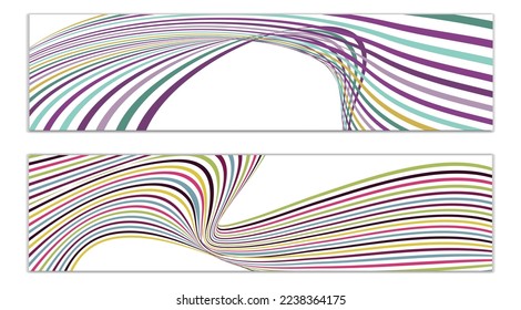 Wavy lines or ribbons. Set of 2 covers. Multicolored striped. Creative unusual background with abstract wave lines for creating a trendy banner, poster. vector eps