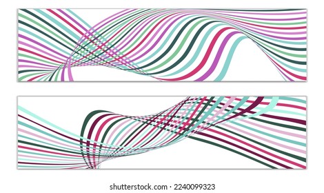 Wavy lines or ribbons. Set of 2 covers. Multicolored striped. Creative unusual background with abstract wave lines for creating a trendy banner, poster. vector eps