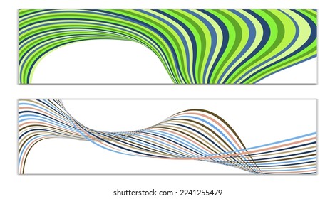 Wavy lines or ribbons. Set of 2 covers. Multicolored striped. Creative unusual background with abstract wave lines for creating a trendy banner, poster. vector eps