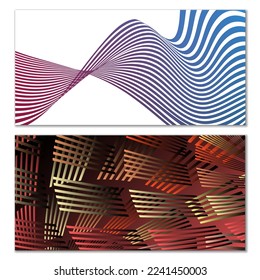 Wavy lines or ribbons. Set of 2 covers. Multicolored striped. Creative unusual background with abstract wave lines for creating a trendy banner, poster. vector eps