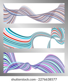 Líneas onduladas o cintas. Conjunto de 3 fondos. Gradiente de rayas multicolor. Fondo creativo inusual con líneas de onda de gradiente abstracto para crear un cartel de moda, afiche. vectores