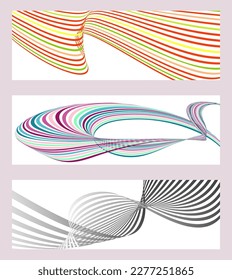 Wavy lines or ribbons. Set of 3 backgrounds. Multicolored striped gradient. Creative unusual background with abstract gradient wave lines to create a trendy banner, poster. vector eps