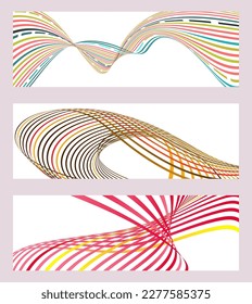 Wavy lines or ribbons. Set of 3 backgrounds. Multicolored striped gradient. Creative unusual background with abstract gradient wave lines to create a trendy banner, poster. vector eps