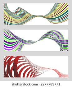 Wavy lines or ribbons. Set of 3 backgrounds. Multicolored striped gradient. Creative unusual background with abstract gradient wave lines to create a trendy banner, poster. vector eps