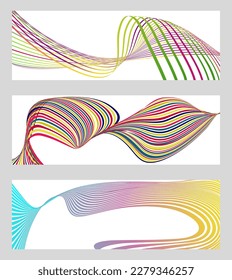 Wavy lines or ribbons. Set of 3 backgrounds. Multicolored striped gradient. Creative unusual background with abstract gradient wave lines to create a trendy banner, poster. vector eps