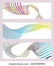 Wavy lines or ribbons. Set of 3 backgrounds. Multicolored striped gradient. Creative unusual background with abstract wavy lines. Fashionable banner, poster. eps vector