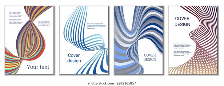 Líneas onduladas o cintas. Conjunto de 3 fondos. Gradiente de rayas multicolor. Fondo creativo inusual con líneas de onda de gradiente abstracto para crear un cartel de moda, afiche. vectores