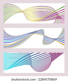 Wavy lines or ribbons. Set of 3 backgrounds. Multicolored striped gradient. Creative unusual background with abstract gradient wave lines to create a trendy banner, poster. vector eps