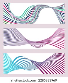 Wavy lines or ribbons. Set of 3 backgrounds. Multicolored striped gradient. Creative unusual background with abstract gradient wave lines to create a trendy banner, poster. vector eps