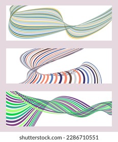 Líneas onduladas o cintas. Conjunto de 3 fondos. Gradiente de rayas multicolor. Fondo creativo inusual con líneas de onda de gradiente abstracto para crear un cartel de moda, afiche. vectores